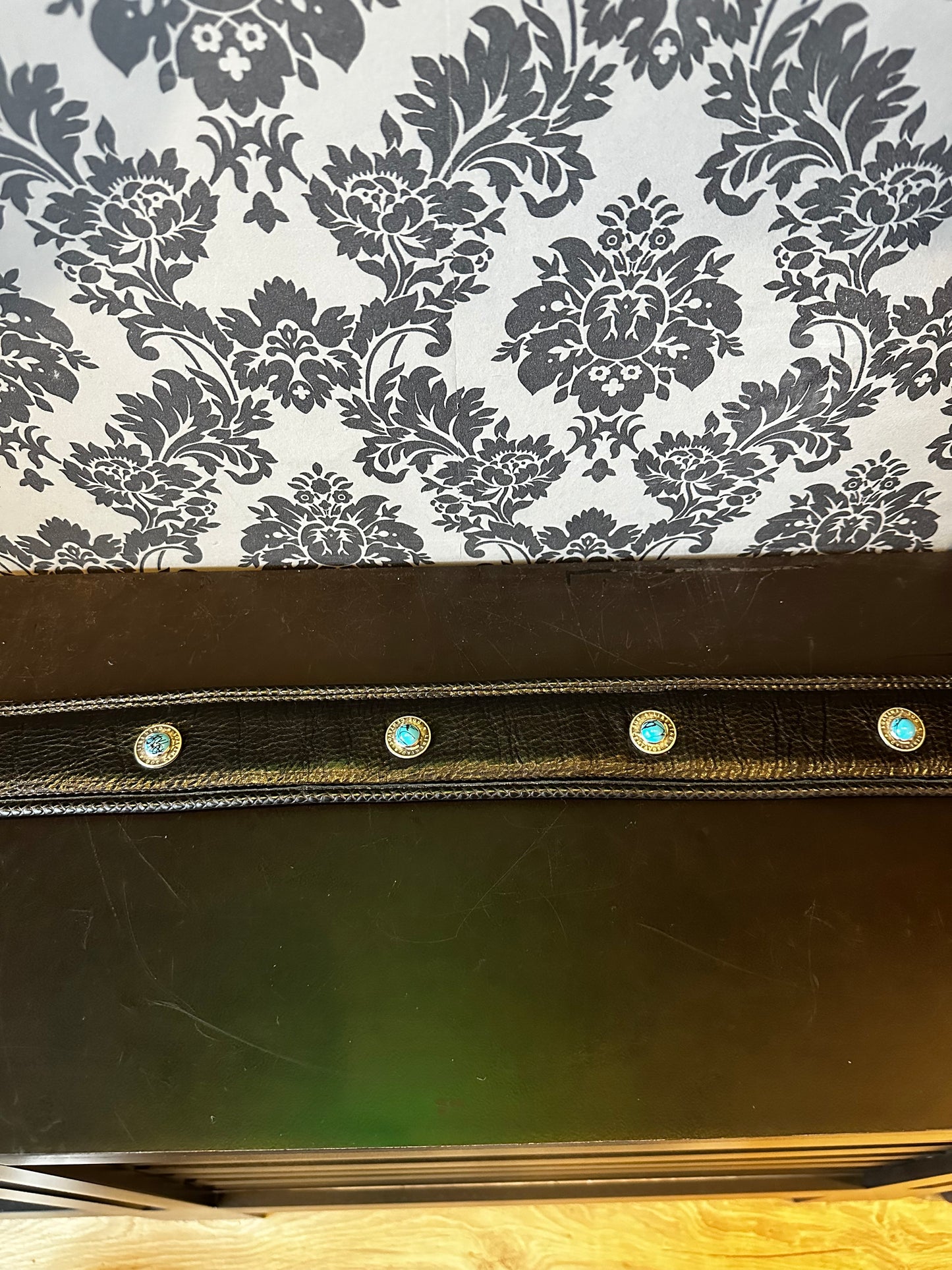 Ferrini Hand Made Black Leather Strap With Blue Buttons