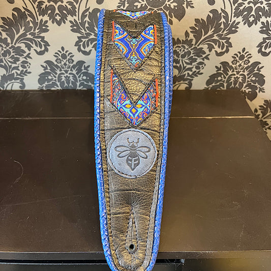 Ferrini Hand Made Leather Guitar strap Black Robusto With Cut outs with bright indian trim and blue piping