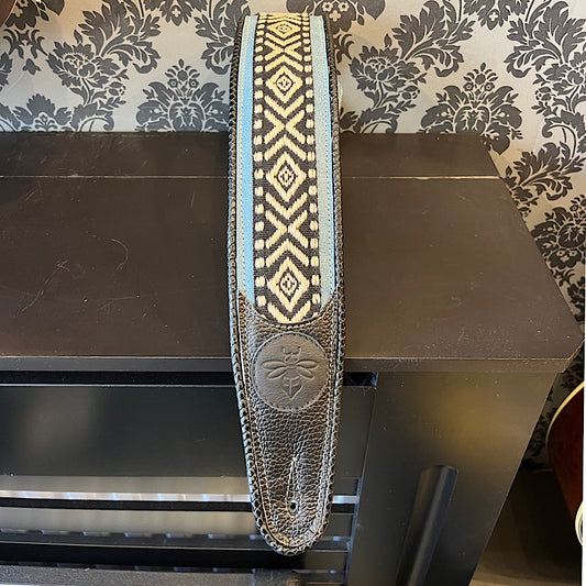 Ferrini Hand Made Leather Guitar strap Blue Black with Indian Trim