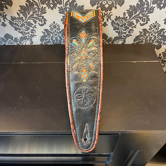 Ferrini Hand Made Leather Guitar strap Black with woven Indian trim and alli-faux piping